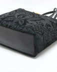 Pre-Loved Stirrup Tote Floral Suede Large with Gold Hardware, Black