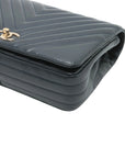 Pre-Loved Chevron Flap Bag Shoulder Bag Chevron Leather Small with Gold Hardware, Navy Blue