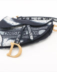 Pre-Loved Saddle Shoulder Bag Toile de Jouy Canvas Mini with Aged Gold Hardware, Navy Blue / White