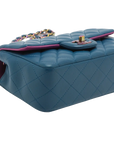 Pre-Loved Classic Single Flap Crossbody Bag Quilted Leather Mini with Rainbow Iridescent Hardware, Teal Blue