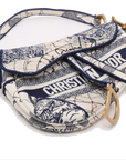 Pre-Loved Saddle Shoulder Bag Toile de Jouy Canvas Medium with Aged Gold Hardware, Beige and Blue