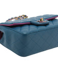 Pre-Loved Classic Single Flap Crossbody Bag Quilted Leather Mini with Rainbow Iridescent Hardware, Teal Blue