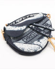 Pre-Loved Saddle Shoulder Bag Toile de Jouy Canvas Mini with Aged Gold Hardware, Navy Blue / White