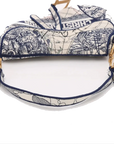 Pre-Loved Saddle Shoulder Bag Toile de Jouy Canvas Medium with Aged Gold Hardware, Beige and Blue