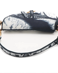Pre-Loved Saddle Shoulder Bag Toile de Jouy Canvas Mini with Aged Gold Hardware, Navy Blue / White