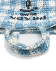 Pre-Loved Crochet Raffia Logo Tote Gingham Raffia Small with Gold Hardware, Light Blue and White