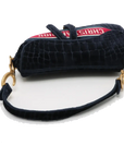 Pre-Loved Saddle Shoulder Bag Crocodile Embossed Velvet Mini with Aged Gold Hardware, Navy