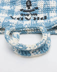 Pre-Loved Crochet Raffia Logo Tote Gingham Raffia Small with Gold Hardware, Light Blue and White