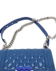 Pre-Loved Boy Shoulder Bag Quilted Patent Leather Small with Silver Hardware, Blue