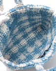 Pre-Loved Crochet Raffia Logo Tote Gingham Raffia Small with Gold Hardware, Light Blue and White