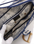 Pre-Loved Saddle Shoulder Bag Toile de Jouy Canvas Medium with Aged Gold Hardware, Beige and Blue