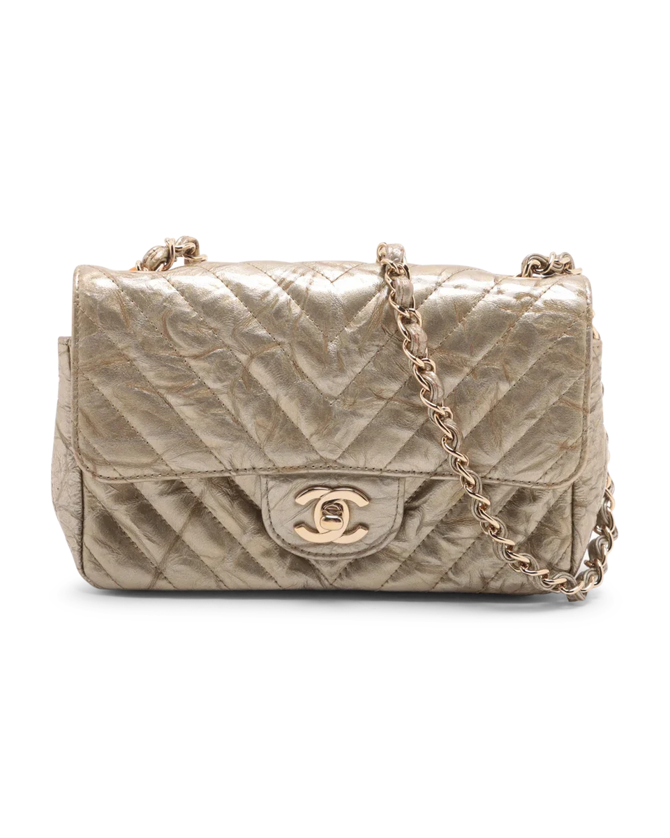 Pre-Owned Chanel Metallic Crumpled Chevron Quilted Mini Rectangular Flap