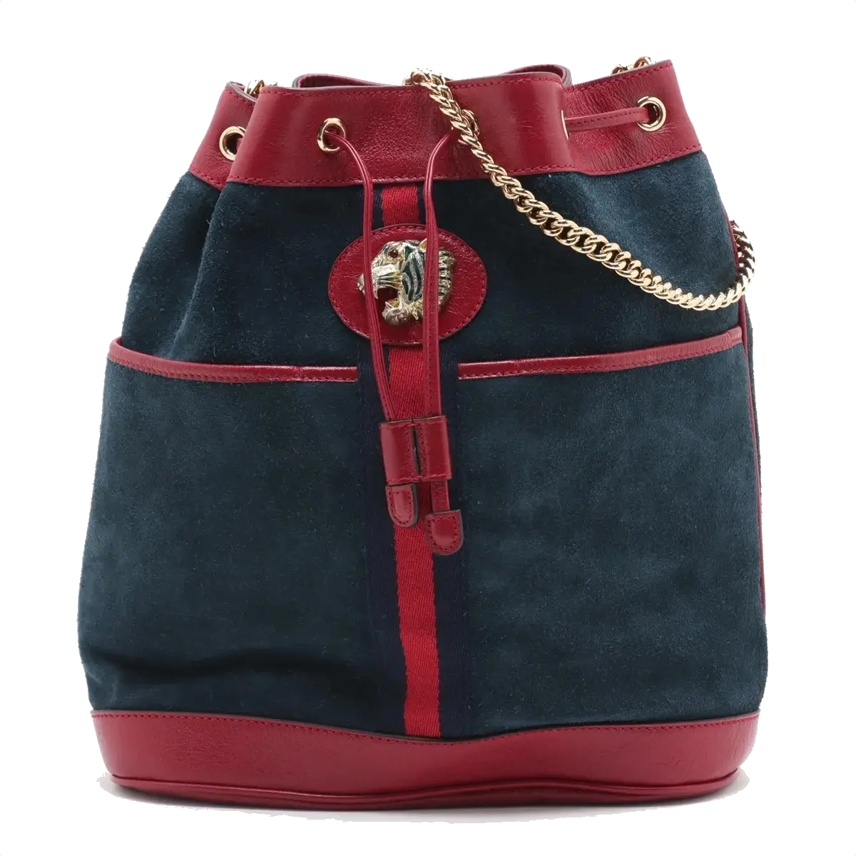 Pre-Loved Rajah Bucket Bag Suede Web Stripe Small with Gold Hardware, Blue