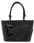 Pre-Loved Cambon Ligne Tote Quilted Leather Large with Silver Hardware, Black