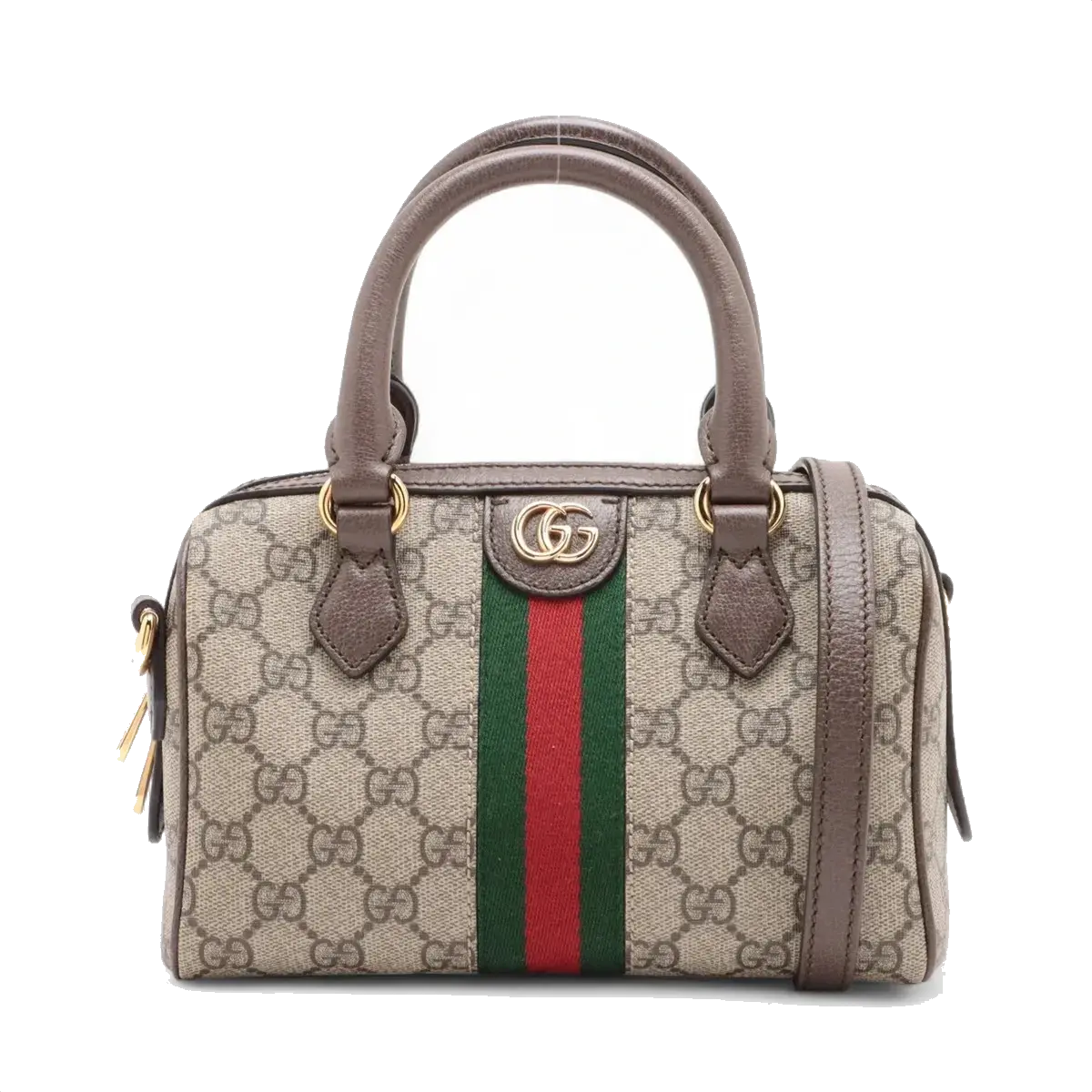 Pre-Loved Ophidia GG Mini Boston Handbag Monogram Coated Canvas Mini with Gold Hardware, Beige Ebony