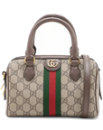 Pre-Loved Ophidia GG Mini Boston Handbag Monogram Coated Canvas Mini with Gold Hardware, Beige Ebony