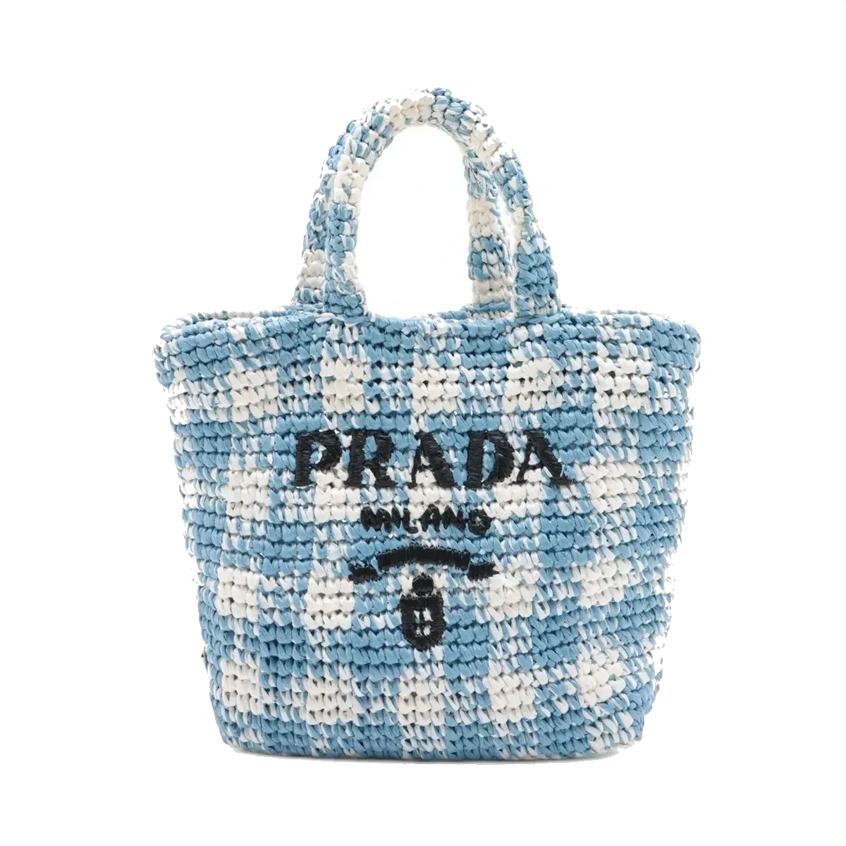Pre-Loved Crochet Raffia Logo Tote Gingham Raffia Small with Gold Hardware, Light Blue and White