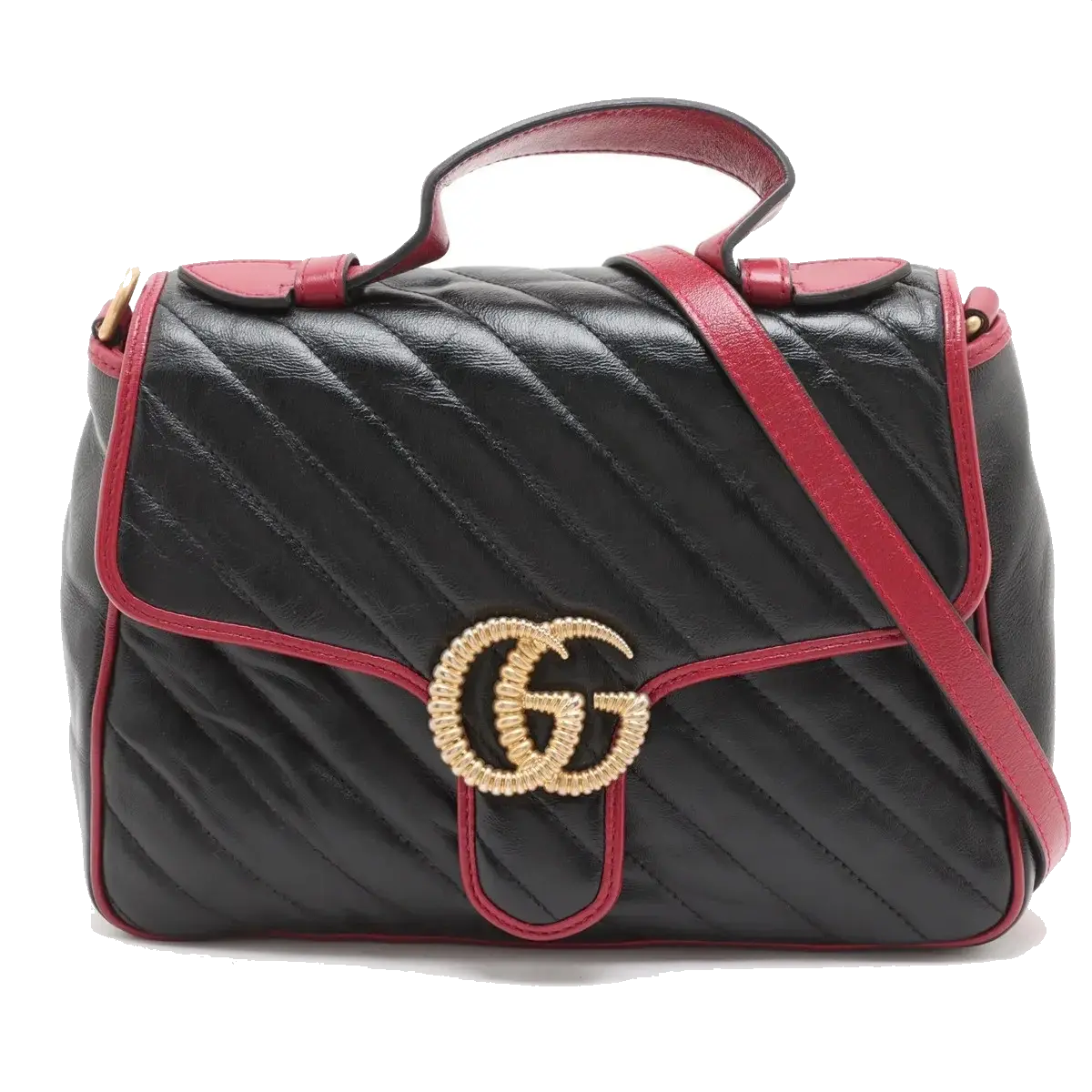 Pre-Loved GG Marmont Top Handle Handbag Quilted Leather Small with Aged Gold Hardware, Black