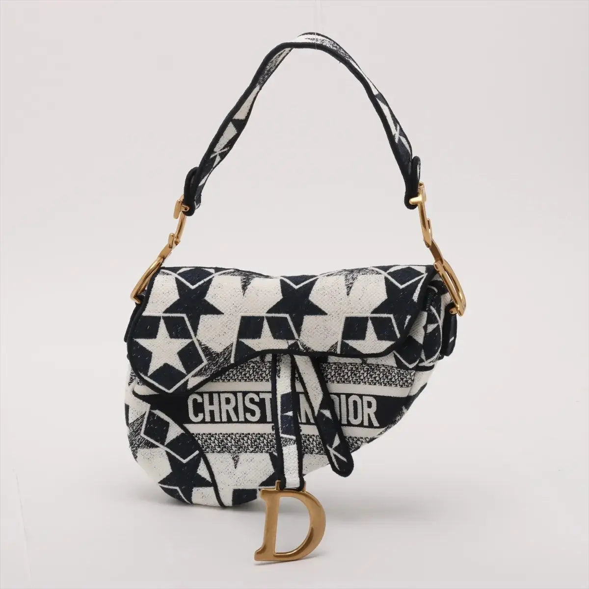Pre-Loved Saddle Shoulder Bag Star Canvas Medium with Aged Gold Hardware, Navy and White