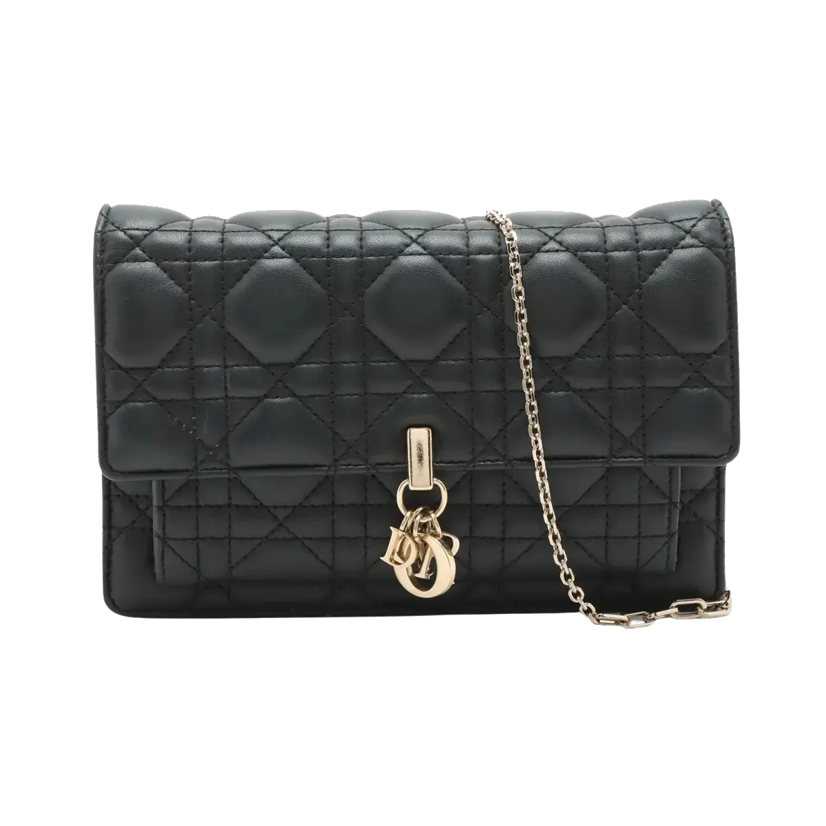 Pre-Loved Lady Dior Wallet on Chain Cannage Leather with Gold Hardware, Black
