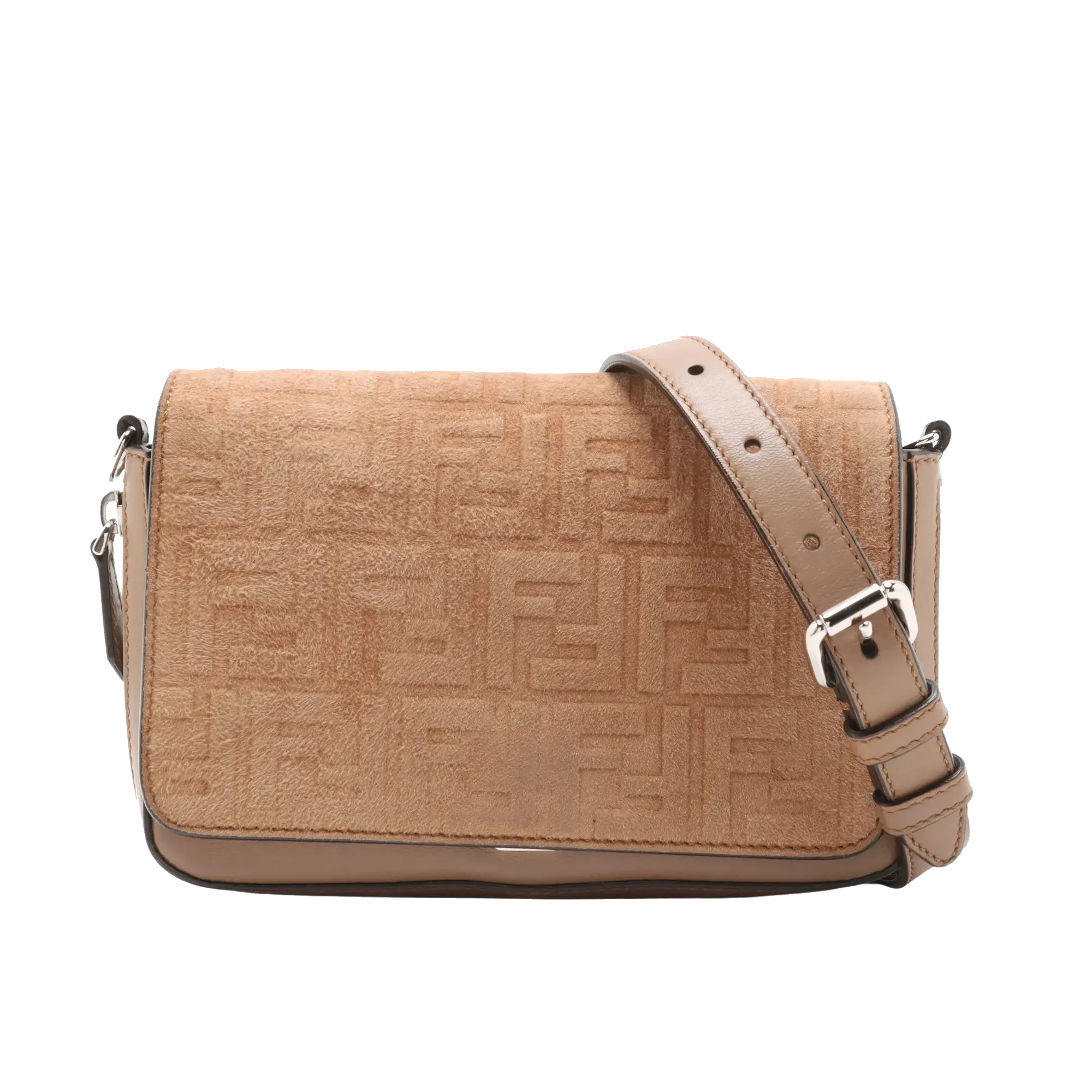 Pre-Loved Baguette Crossbody Bag Monogram Suede Mini with Silver Hardware, Beige