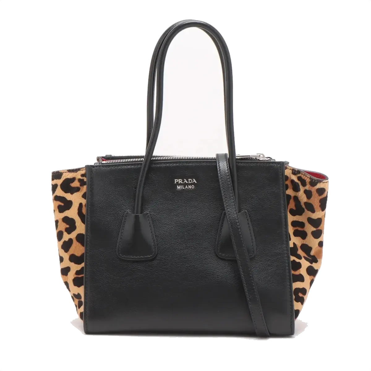 Pre-Loved Twin Pocket Tote Tote Leopard Leather Small with Silver Hardware, Black