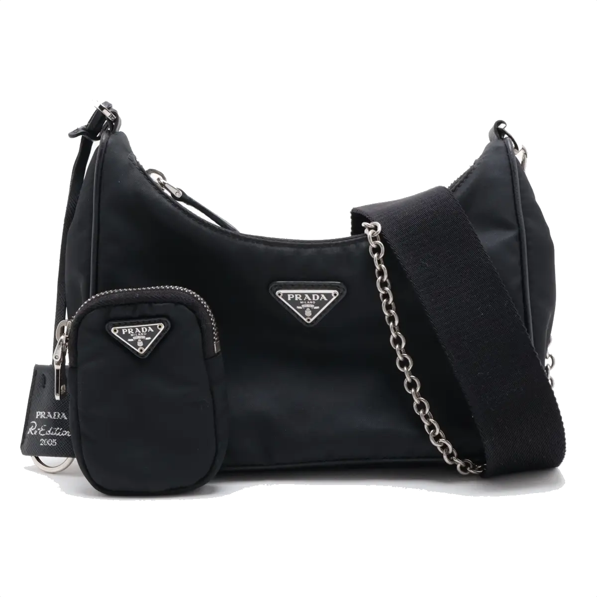 Pre-Loved Re-Edition 2005 Shoulder Bag Re-Nylon with Silver Hardware, Black