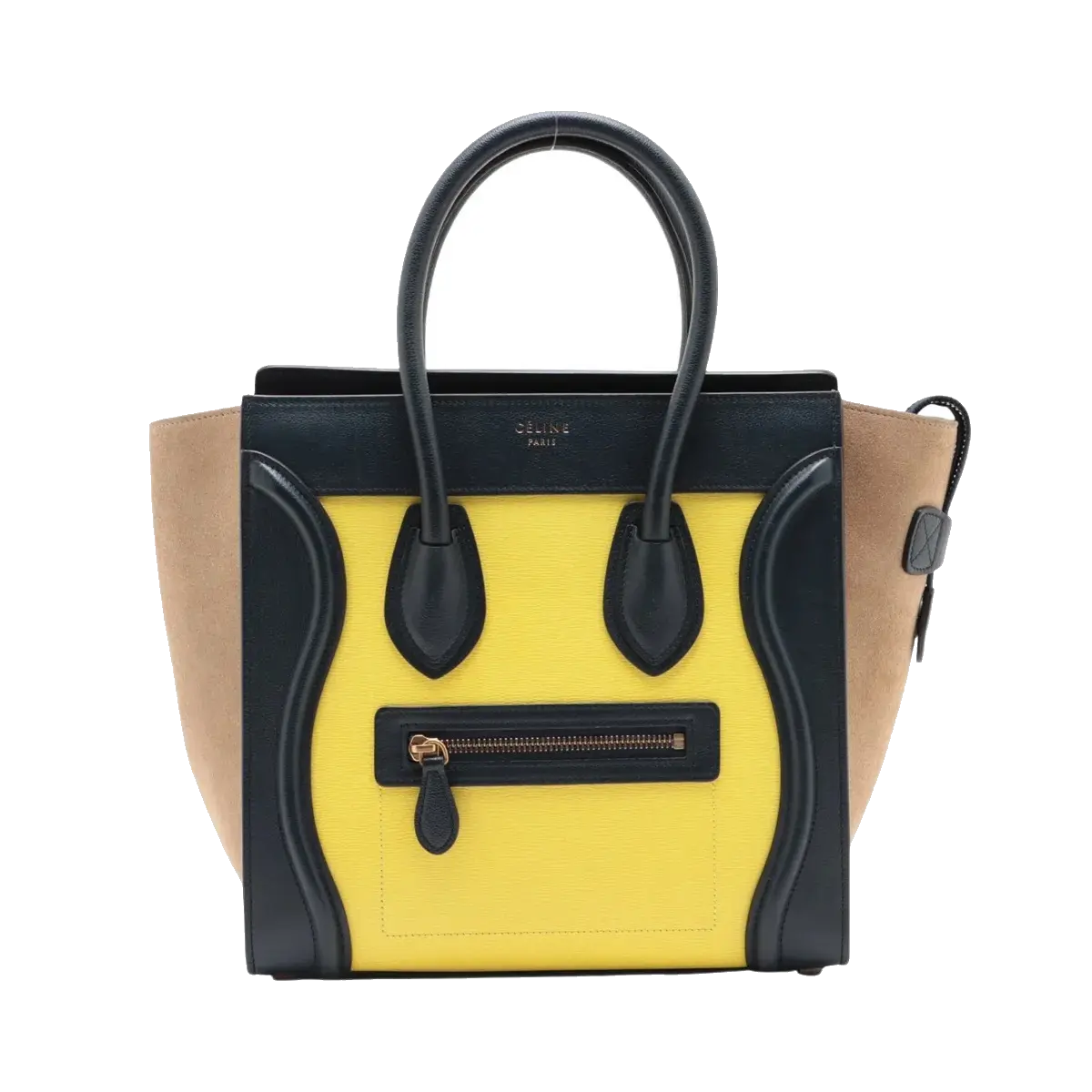 Pre-Loved Luggage Tote Leather Micro with Rose Gold Hardware, Navy, Yellow, and Beige