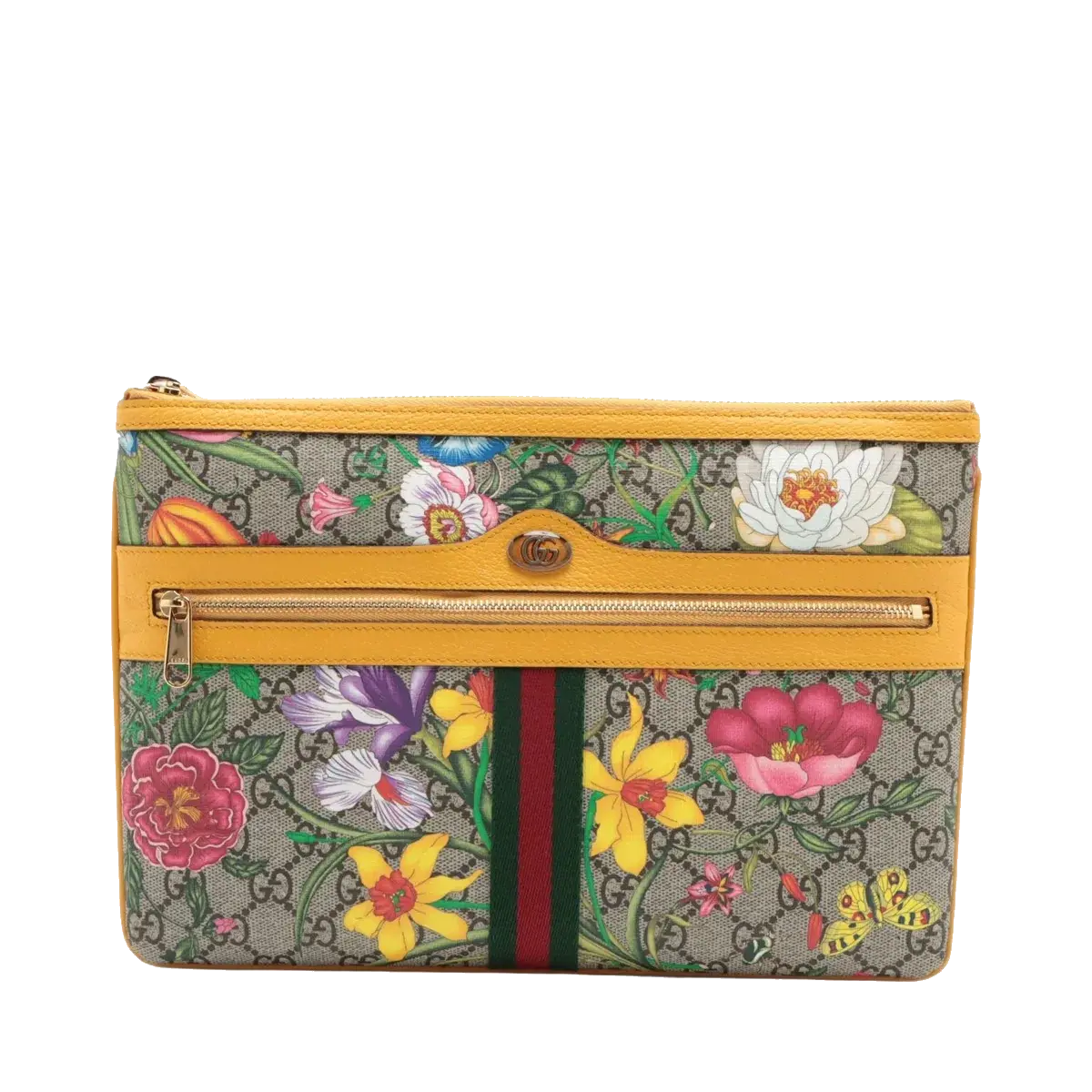 Pre-Loved Ophidia Flora Clutch Monogram Coated Canvas Large with Gold Hardware, Beige Ebony Multicolor
