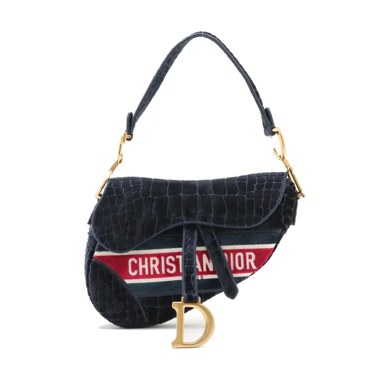 Pre-Loved Saddle Shoulder Bag Crocodile Embossed Velvet Mini with Aged Gold Hardware, Navy