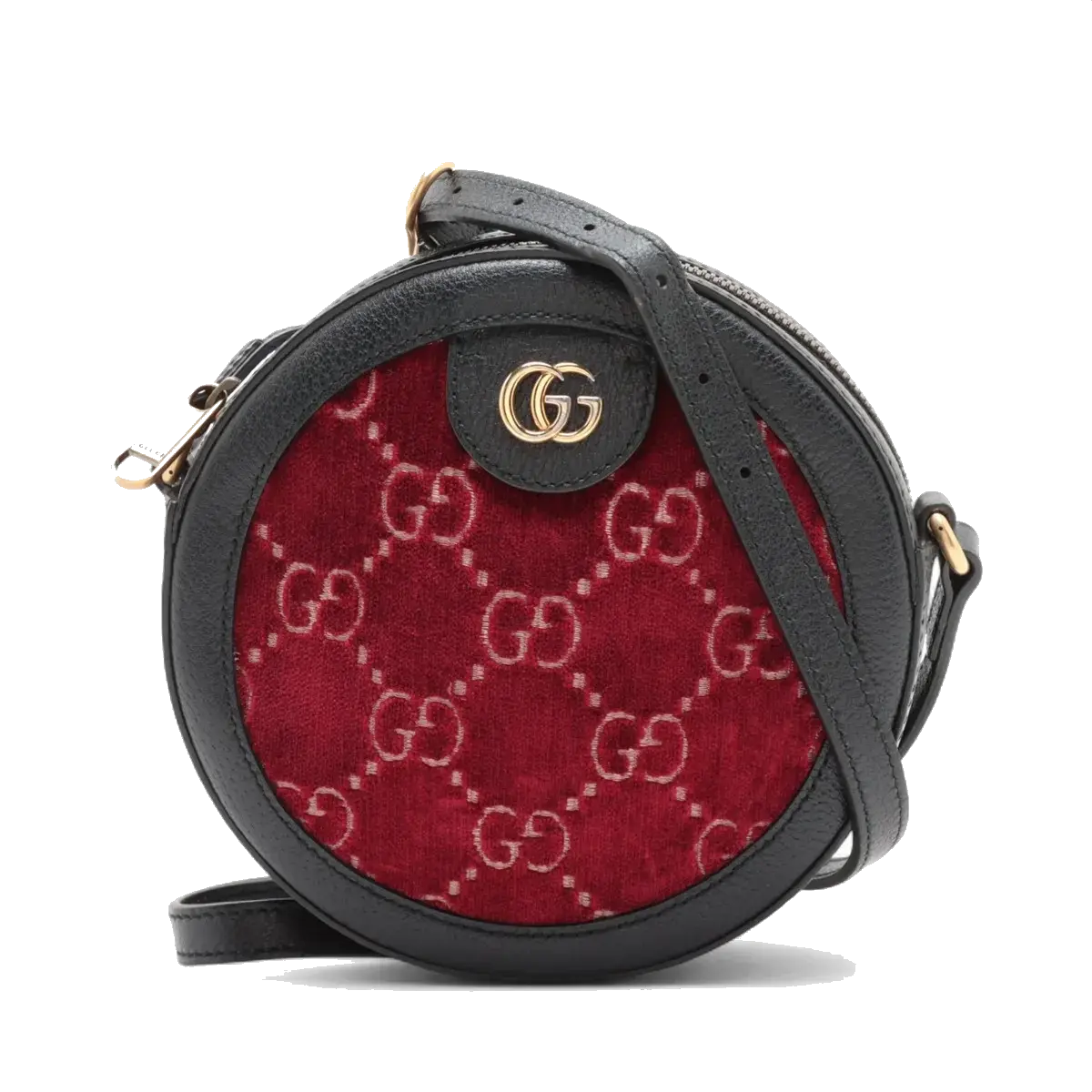 Pre-Loved Ophidia Round Mini Crossbody Bag Monogram Velvet Mini with Aged Gold Hardware, Red and Black