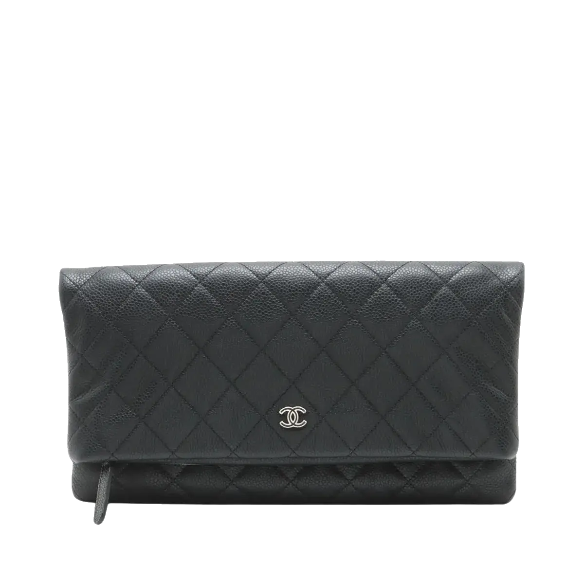 Pre-Loved Quilted Fold-Over Clutch Clutch Quilted Leather with Silver Hardware, Black