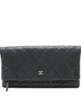Pre-Loved Quilted Fold-Over Clutch Clutch Quilted Leather with Silver Hardware, Black