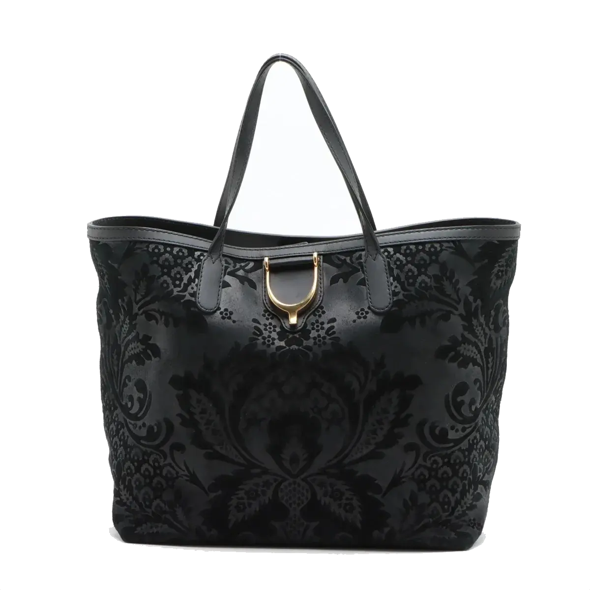 Pre-Loved Stirrup Tote Floral Suede Large with Gold Hardware, Black
