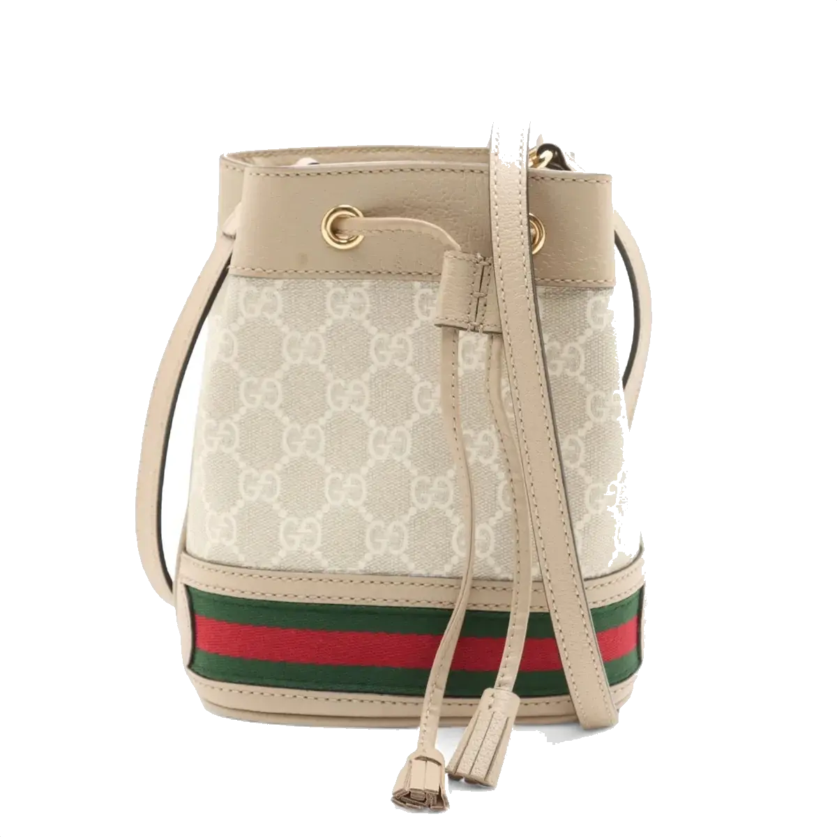 Pre-Loved Ophidia Bucket Bag GG Supreme Coated Canvas Mini with Gold Hardware, Beige / White