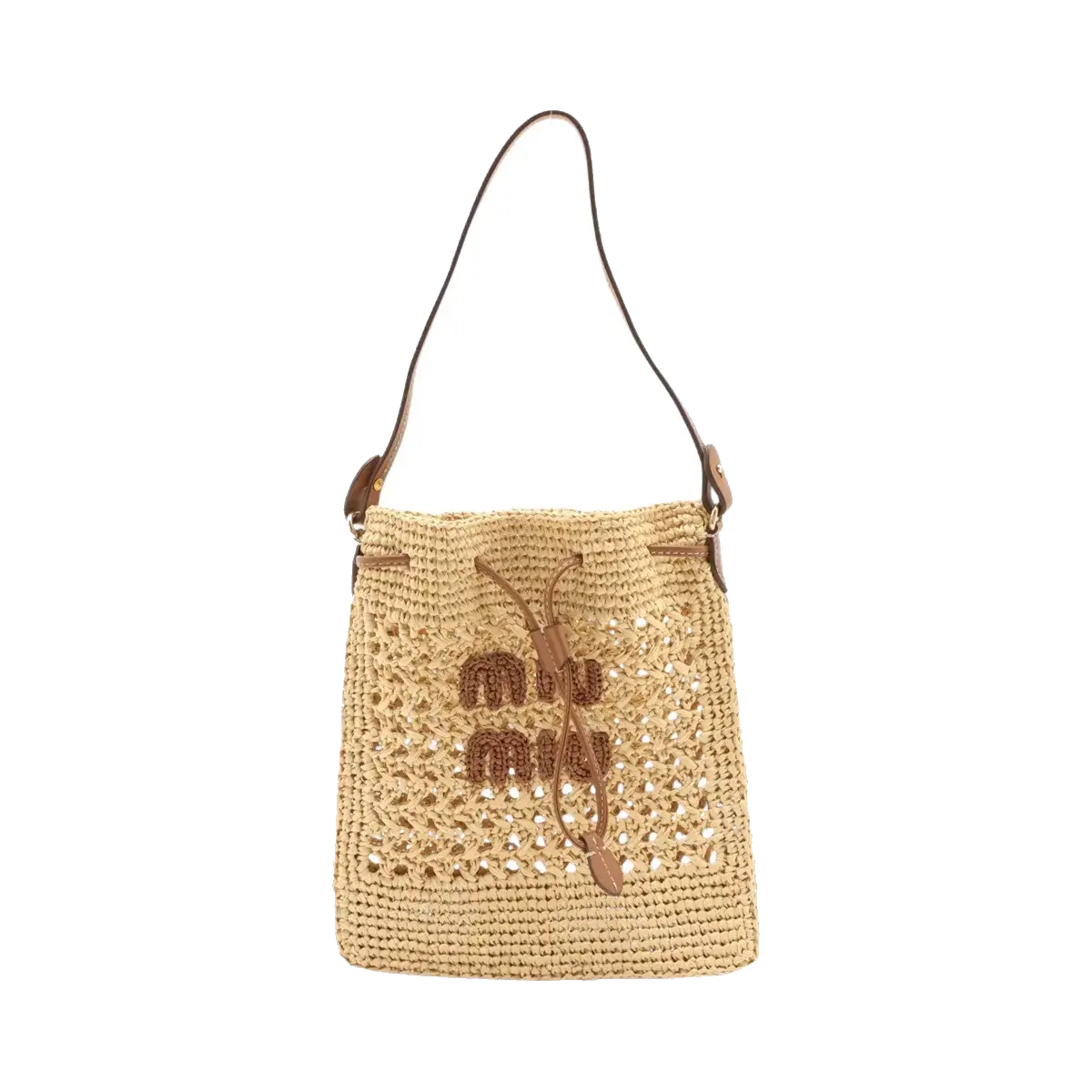 Pre-Loved Drawstring Bucket Bag Crochet Raffia with Gold Hardware, Natural Beige