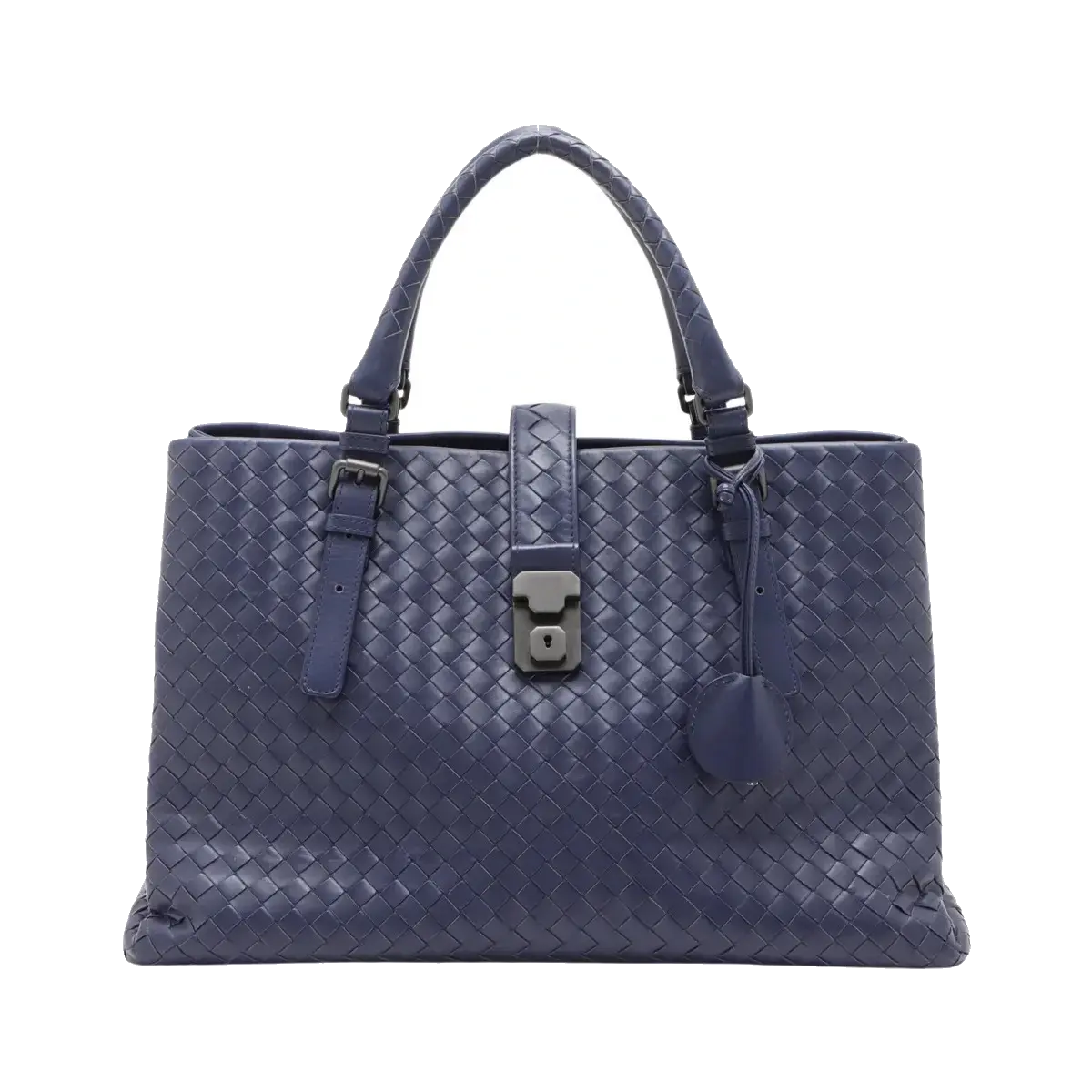 Pre-Loved Roma Tote Intrecciato Leather Medium with Gunmetal Hardware, Navy Blue