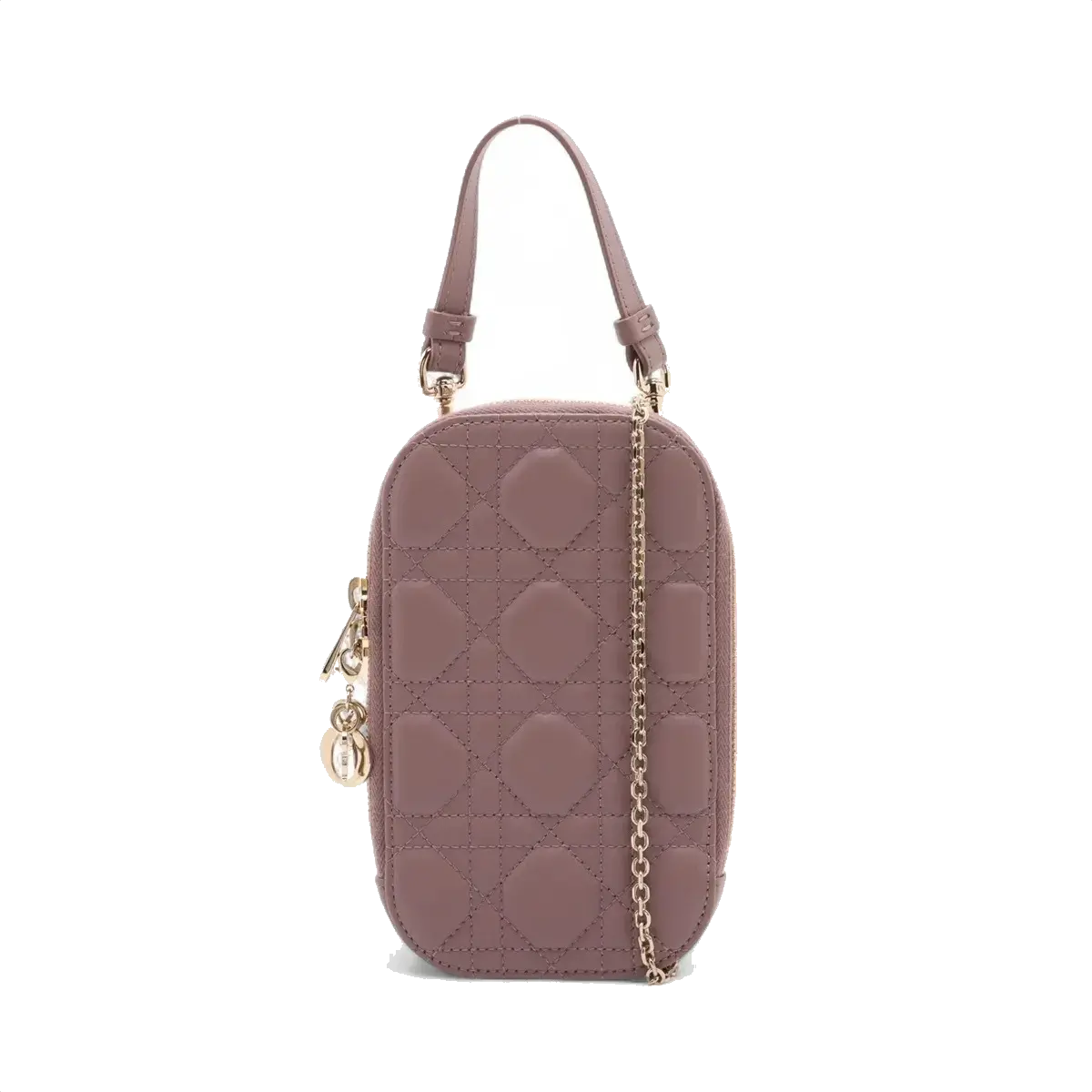 Pre-Loved Lady Dior Phone Holder Phone Holder Crossbody Bag Cannage Leather Small with Gold Hardware, Mauve Pink