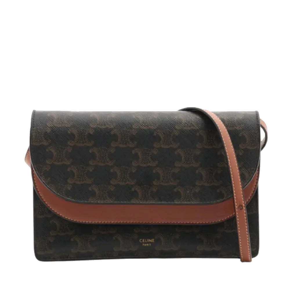 Pre-Loved Triomphe Wallet on Strap Crossbody Bag Triomphe Coated Canvas with Gold Hardware, Brown