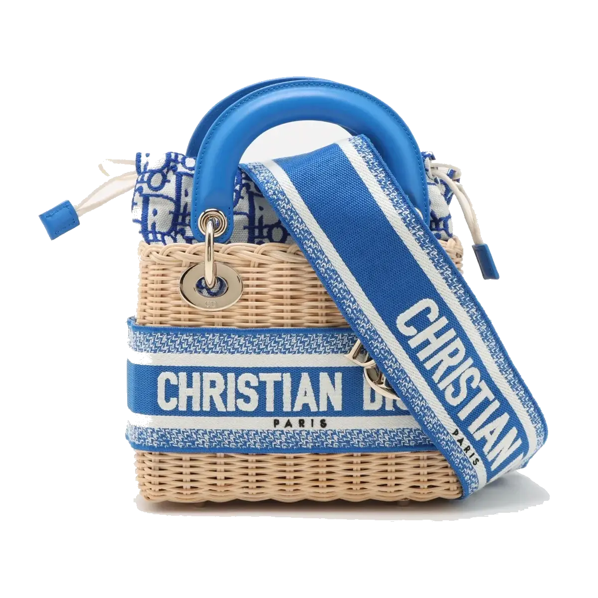 Pre-Loved Lady Dior Handbag Wicker Oblique Medium with Gold Hardware, Natural Beige and Blue