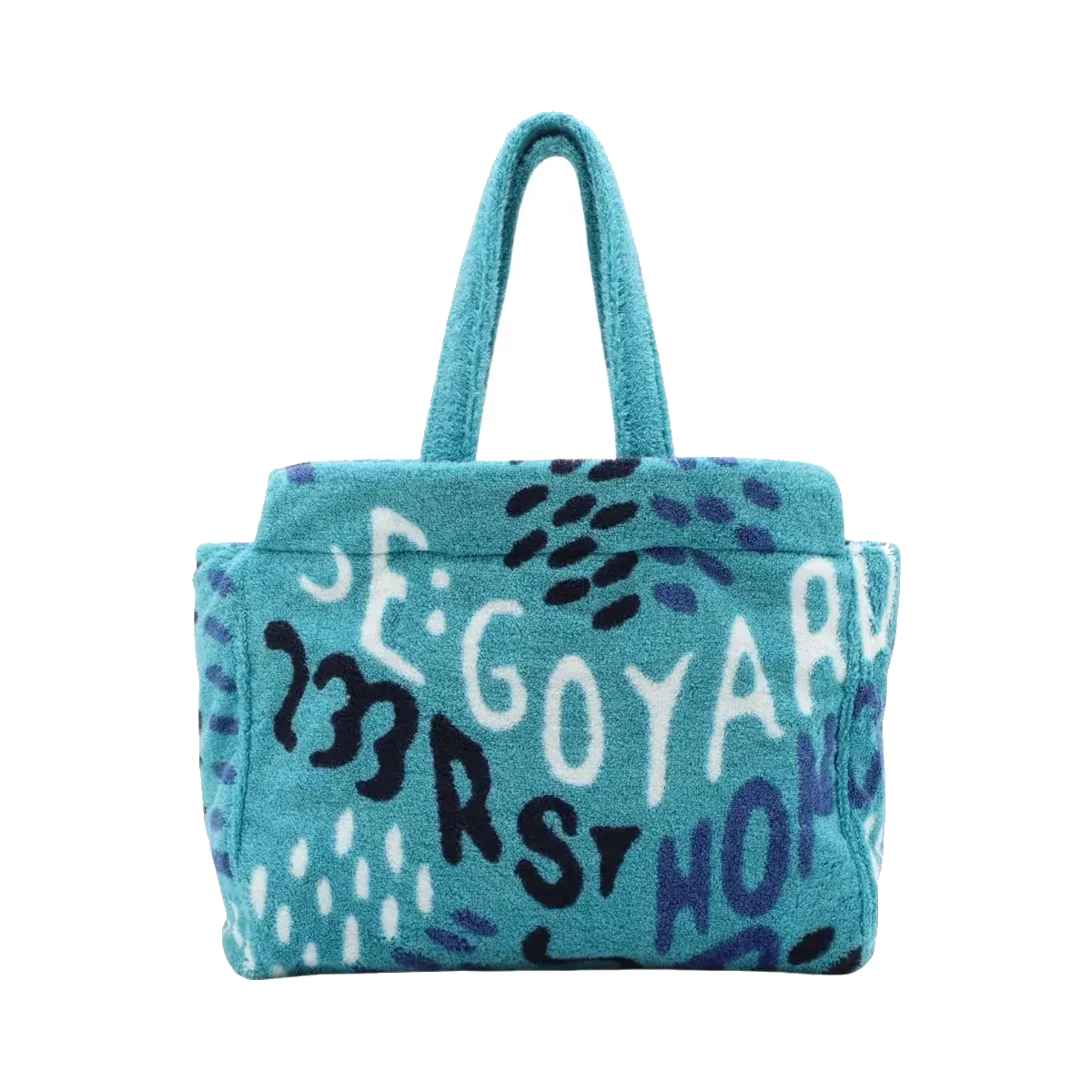 Pre-Loved Beach Tote Terry Cloth Graffiti Logo Print with Silver Hardware, Turquoise