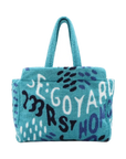 Pre-Loved Beach Tote Terry Cloth Graffiti Logo Print with Silver Hardware, Turquoise