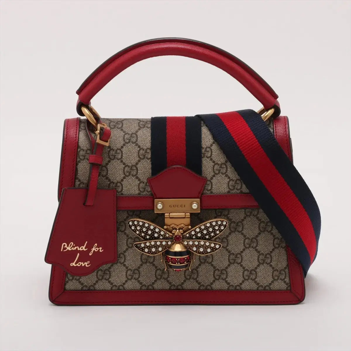 Pre-Loved Queen Margaret Handbag Monogram Coated Canvas Small with Aged Gold Hardware, Beige Ebony Red