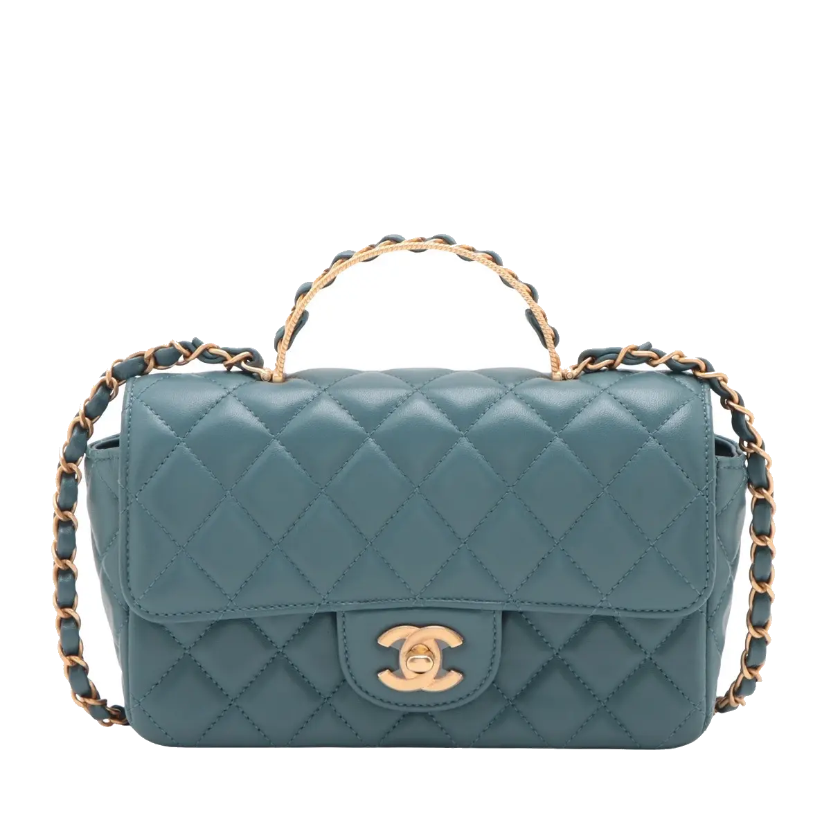 Pre-Loved Mini Flap Bag with Top Handle Handbag Quilted Leather Mini with Gold Hardware, Teal Blue