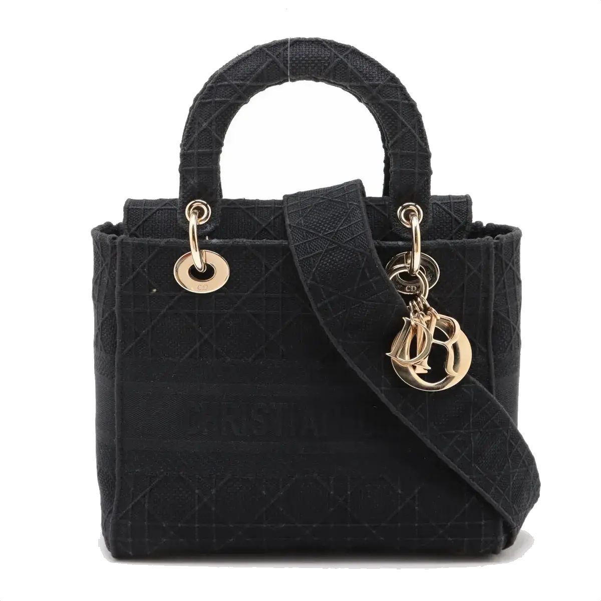 Pre-Loved Lady D-Lite Handbag Cannage Canvas Medium with Gold Hardware, Black