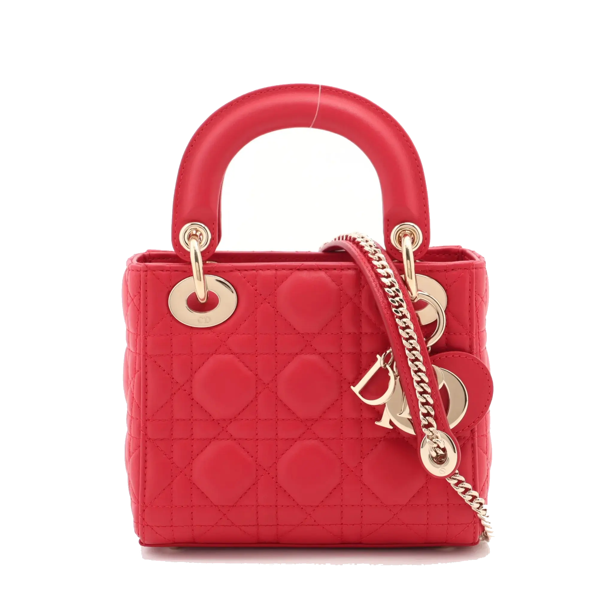 Pre-Loved Lady Dior Handbag Cannage Leather Mini with Gold Hardware, Red