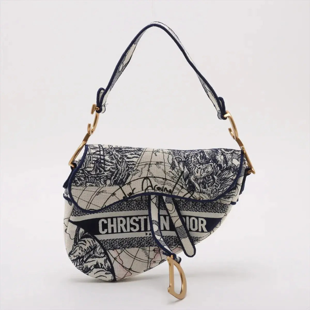 Pre-Loved Saddle Shoulder Bag Toile de Jouy Canvas Medium with Aged Gold Hardware, Beige and Blue