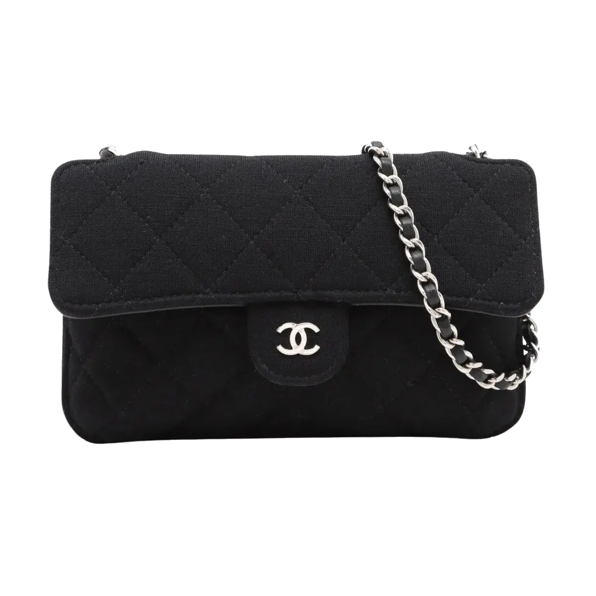 Pre-Loved Quilted Flap Bag with Foldable Tote Crossbody Bag Quilted Canvas Mini with Silver Hardware, Black