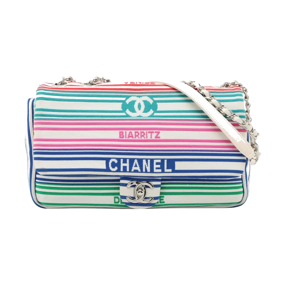 Pre-Loved Coco Stripe Flap Shoulder Bag Striped Canvas with Silver Hardware, Multicolor