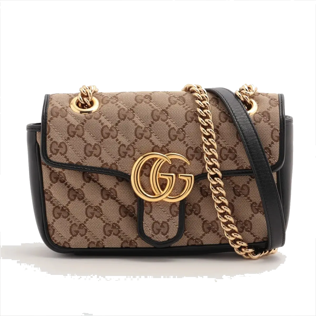 Pre-Loved GG Marmont Shoulder Bag Monogram Coated Canvas Mini with Gold Hardware, Beige / Ebony with Black Leather Trim